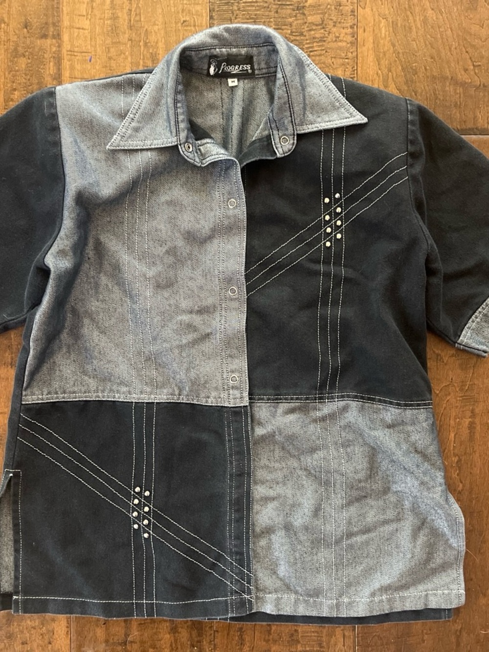 Vintage Y2K-era Progress patchwork black and gray cotton denim patchwork shirt